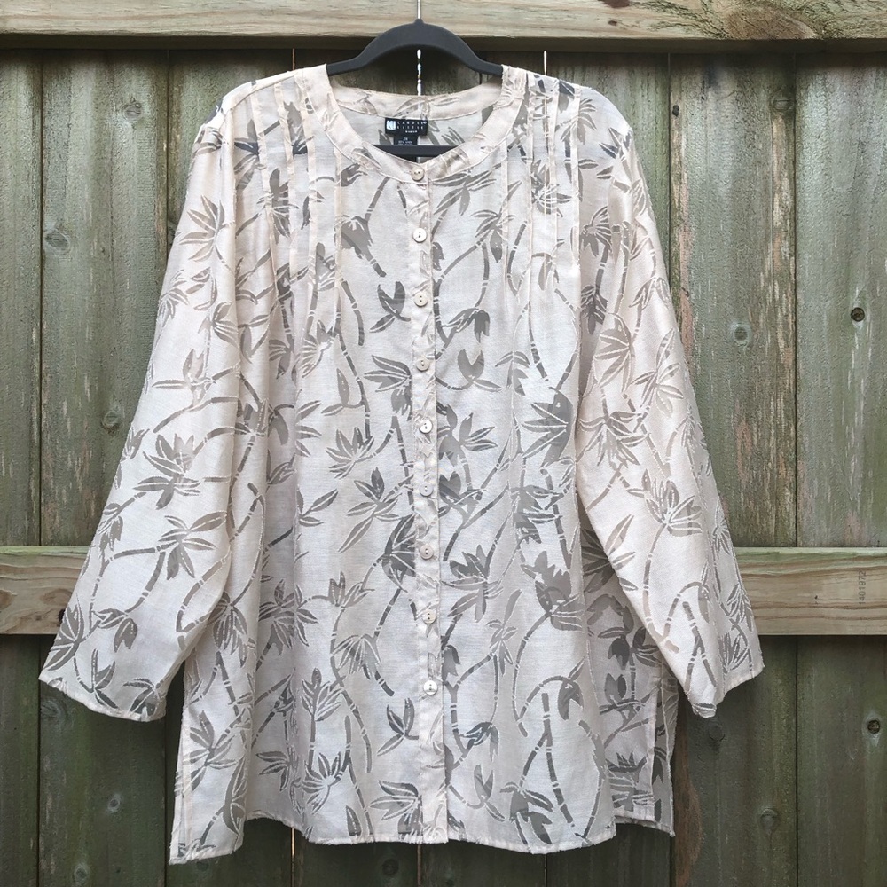 Carole Little Vintage Burnout Linen Blend Button Down Size 2X Bamboo Cream